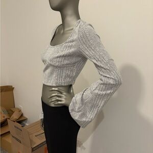 Grey fuzzy crop top with bell sleeves